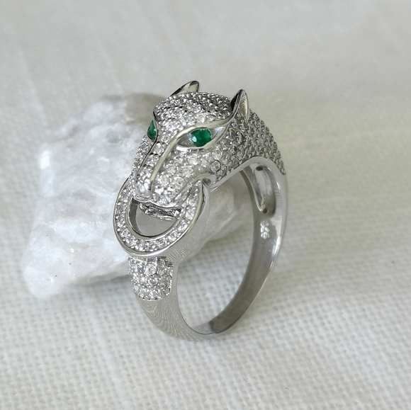 Panther Ring sterling silver cz and emerald eye cat size 7 - Picture 12 of 12